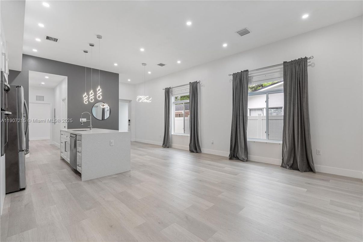 Interior, Kitchen, Pendant Lights, Recessed Lighting, Wood Texture Flooring