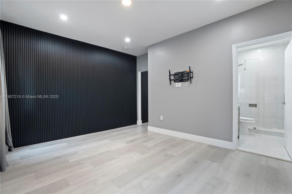 Bathroom, Empty room, Glass Shower, Interior, Recessed Lighting, Wood Texture Flooring