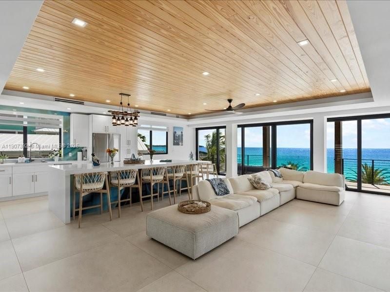 Dining room, Interior, Kitchen, Living room, Pendant Lights, Recessed Lighting, Water, Wooden Ceilings