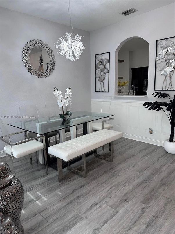 Chandelier, Dining room, Interior, Pendant Lights, Wood Texture Flooring