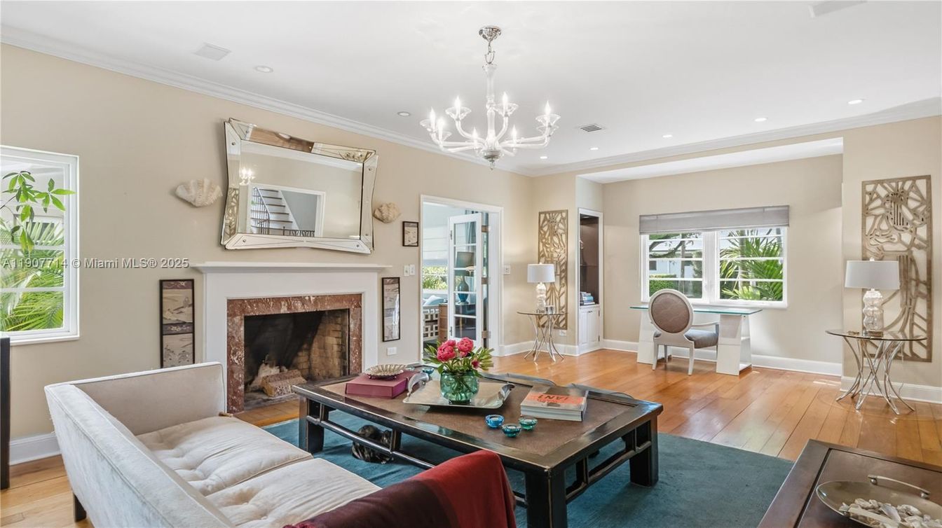 Chandelier, Fireplace, Interior, Living room, Recessed Lighting, Wood Texture Flooring