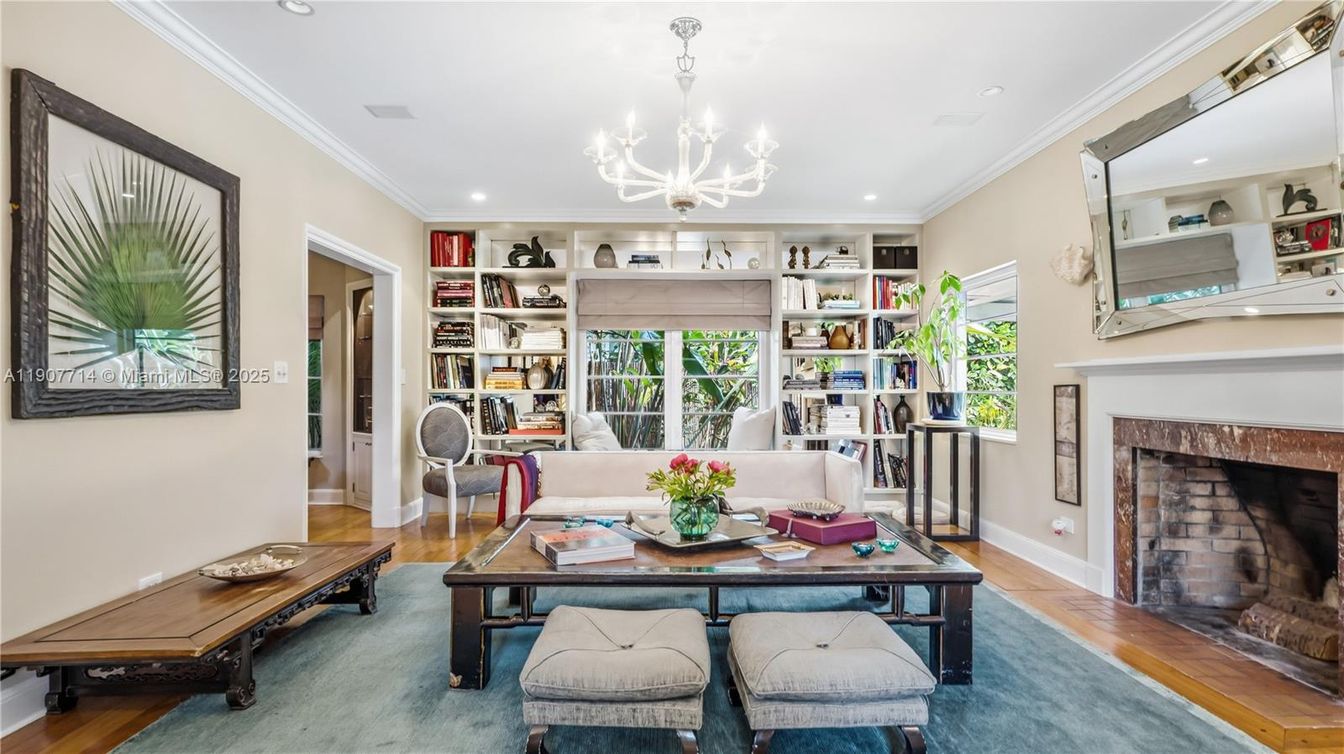 Chandelier, Fireplace, Interior, Living room, Recessed Lighting, Wood Texture Flooring