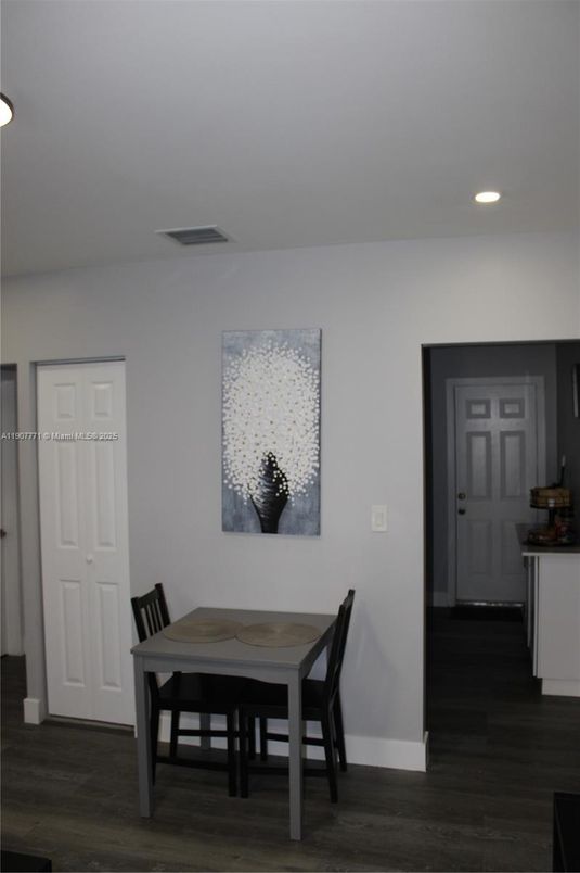 Dining room, Interior, Recessed Lighting, Wood Texture Flooring