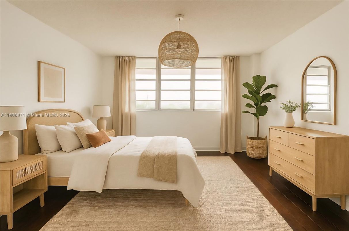 Bedroom, Interior, Pendant Lights, Wood Texture Flooring