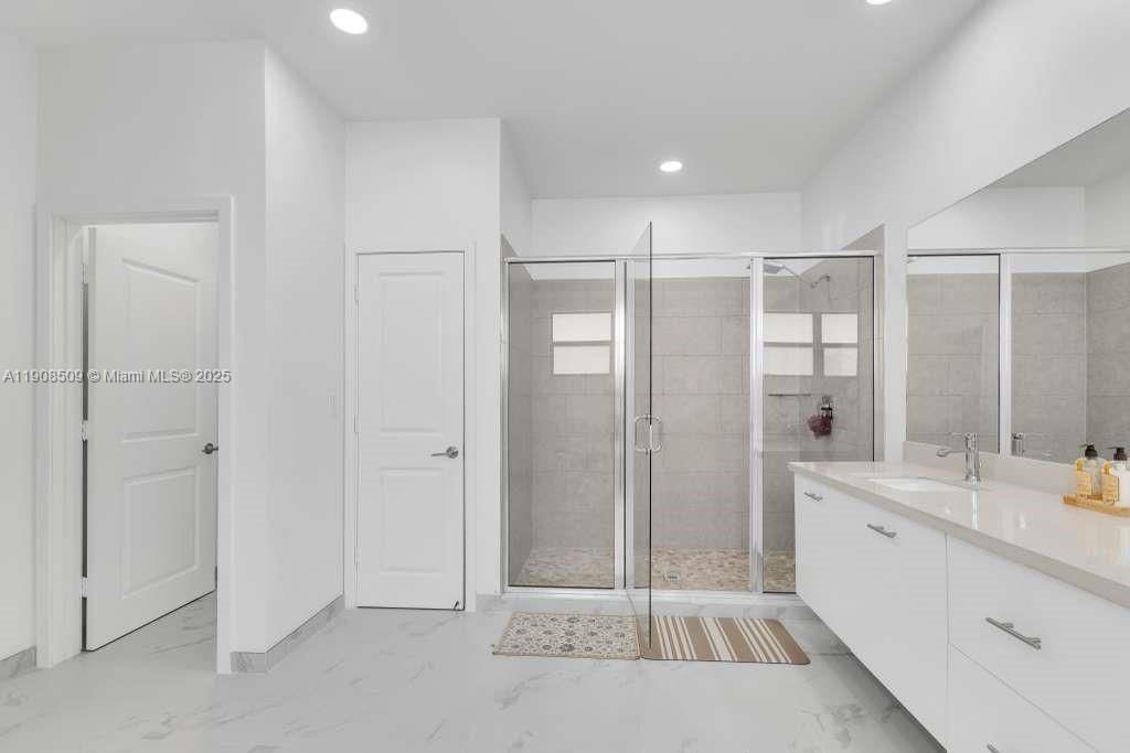 Bathroom, Glass Shower, Interior, Marble, Recessed Lighting