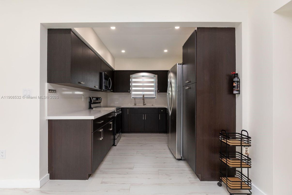 Interior, Kitchen, Marble, Recessed Lighting, Wood Texture Flooring