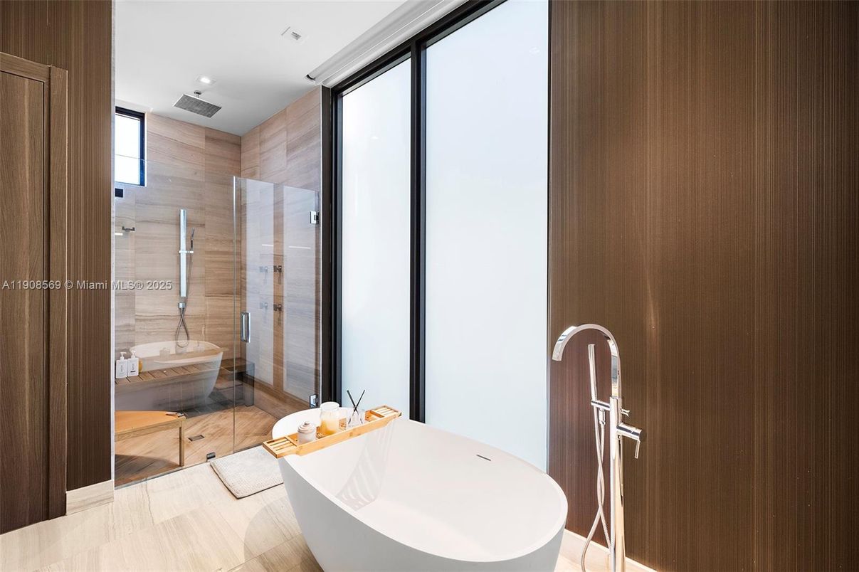 Bathroom, Free Standing Baths, Glass Shower, Interior, Recessed Lighting, Wood Texture Flooring, Wooden Walls
