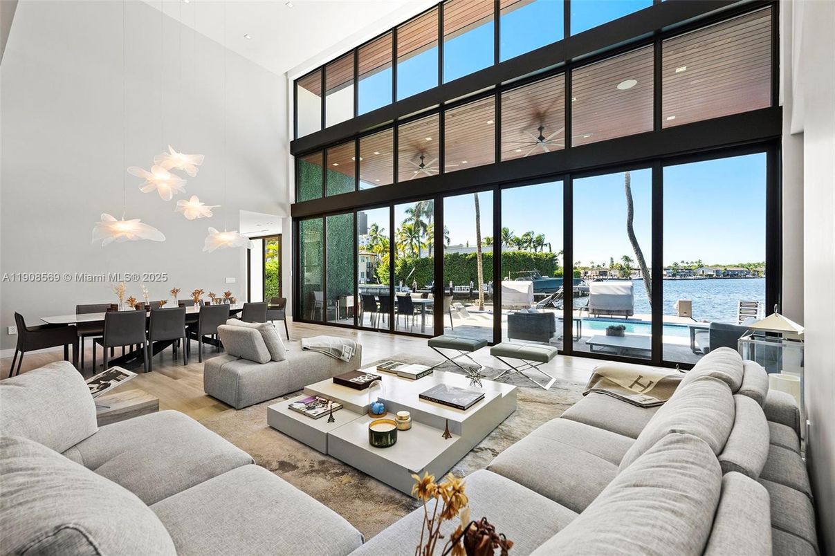 Dining room, Interior, Living room, Recessed Lighting, Water, Wood Texture Flooring