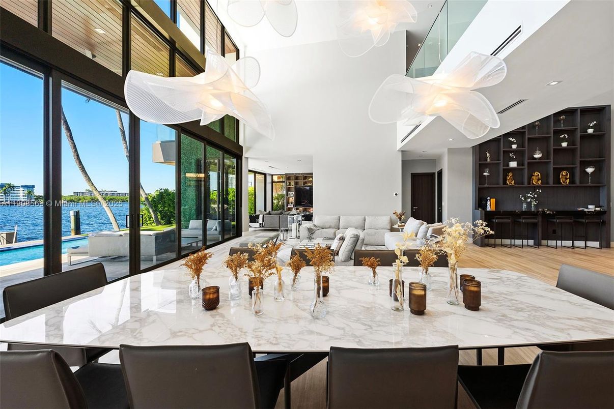 Dining room, Interior, Living room, Recessed Lighting, Water, Wood Texture Flooring