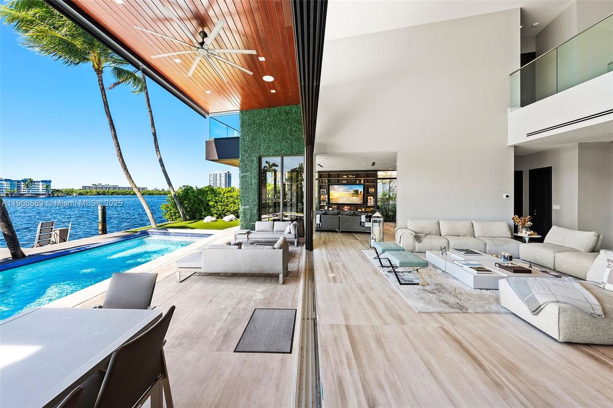 Interior, Living room, Pool, Recessed Lighting, Water, Wood Texture Flooring