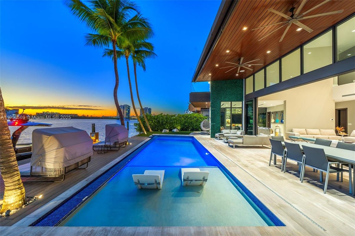 Exterior, Pool, Recessed Lighting, Water, Wooden Ceilings