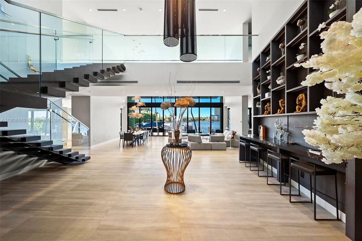 Dining room, Interior, Pendant Lights, Recessed Lighting, Water, Wood Texture Flooring