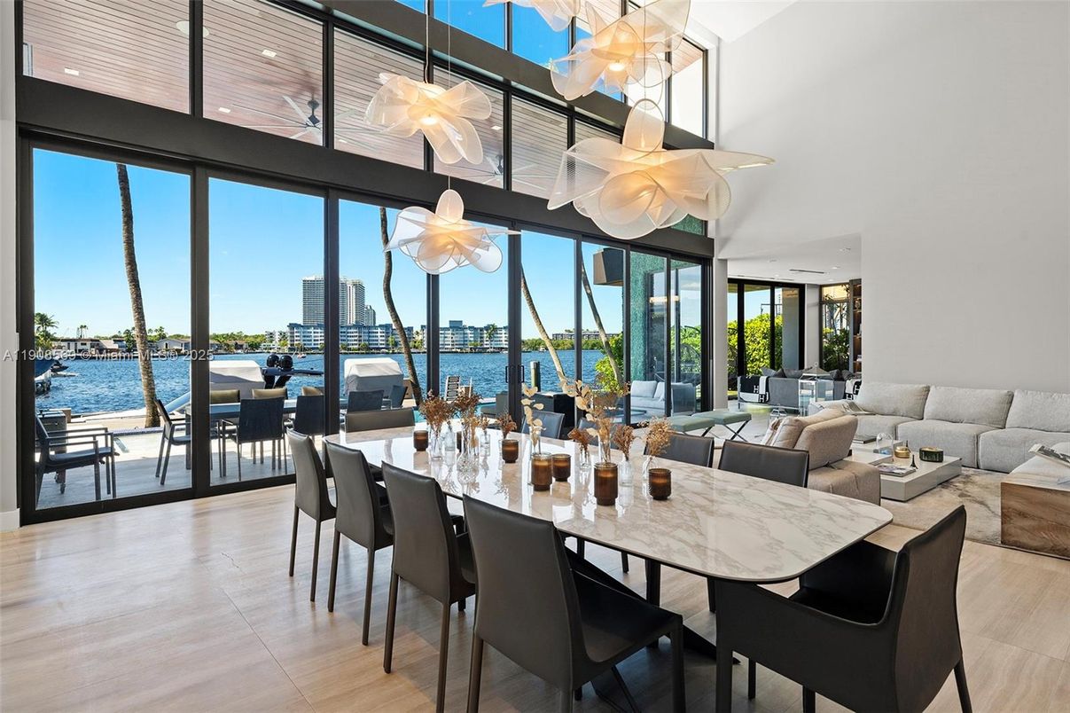 Dining room, Interior, Living room, Pendant Lights, Water, Wood Texture Flooring