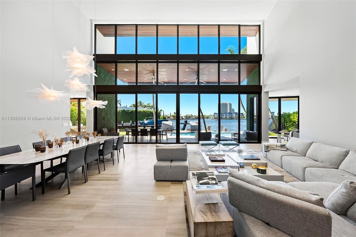 Dining room, Interior, Living room, Pendant Lights, Water, Wood Texture Flooring