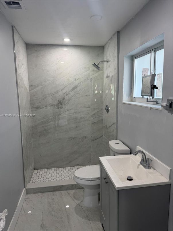 Bathroom, Glass Shower, Interior, Marble Walls, Recessed Lighting
