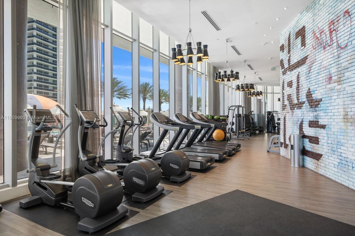 Fitness Equipment, Gym, Interior, Pendant Lights, Recessed Lighting, Wood Texture Flooring