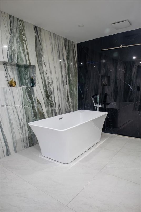 Bathroom, Free Standing Baths, Interior, Marble Walls, Recessed Lighting