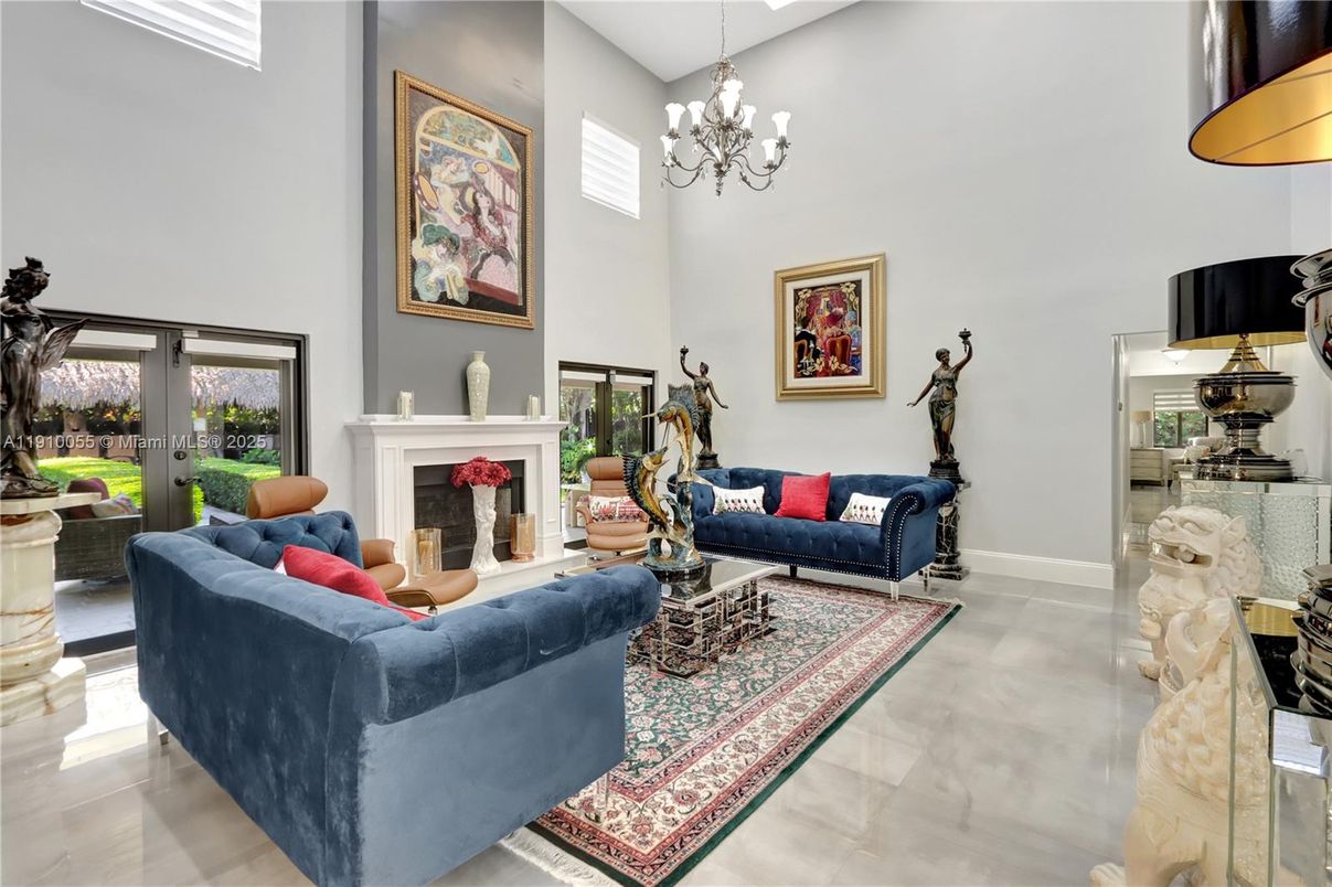 Chandelier, Fireplace, Interior, Living room