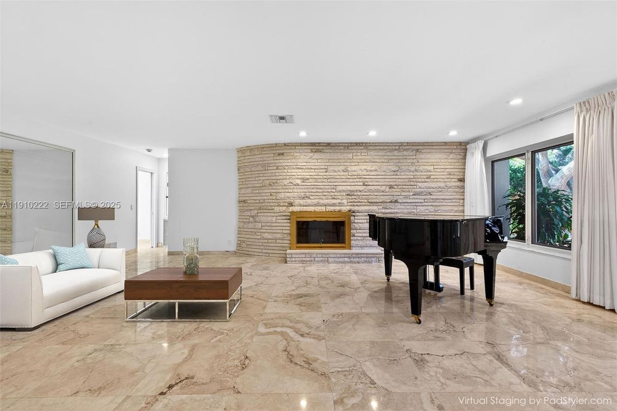 Fireplace, Interior, Living room, Piano, Recessed Lighting, Stone Walls