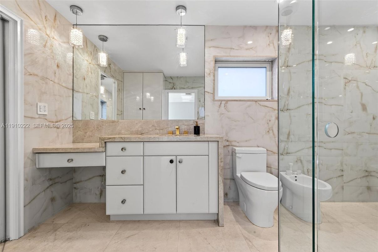 Bathroom, Glass Shower, Interior, Marble Walls, Pendant Lights