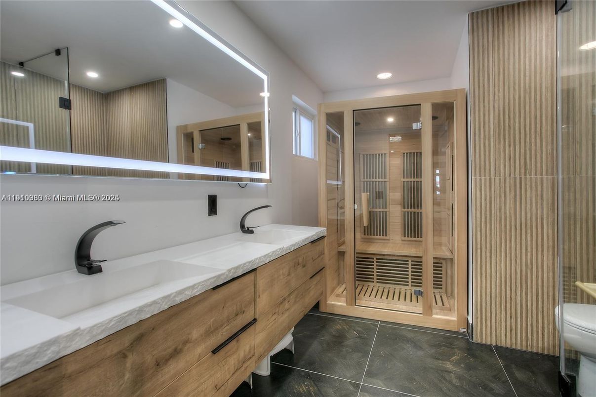Bathroom, Dual Sink Vanities, Interior, Recessed Lighting, Sauna Room