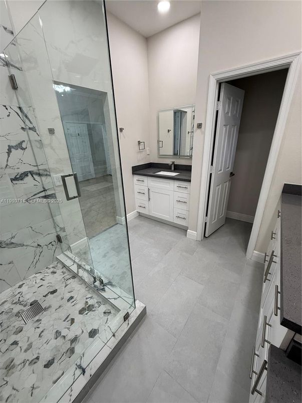 Bathroom, Glass Shower, Interior, Marble Walls, Recessed Lighting