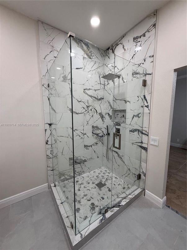 Bathroom, Glass Shower, Interior, Marble Walls, Recessed Lighting