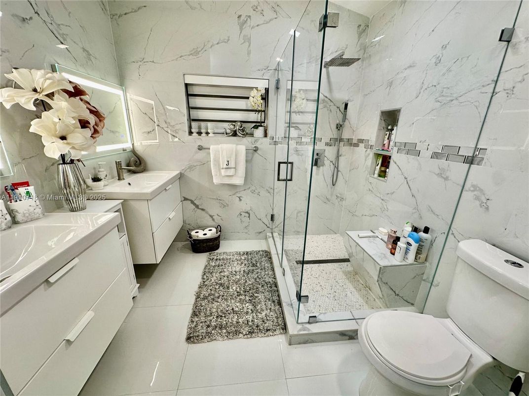 Bathroom, Glass Shower, Interior, Marble Walls, Recessed Lighting
