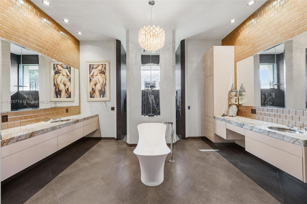 Bathroom, Chandelier, Dual Sink Vanities, Free Standing Baths, Interior, Recessed Lighting, Wooden Walls