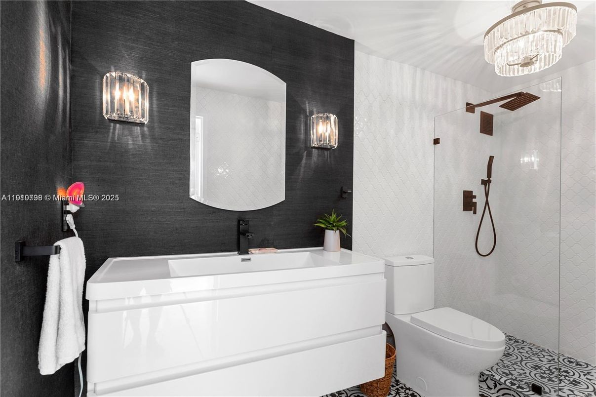 Bathroom, Chandelier, Glass Shower, Interior