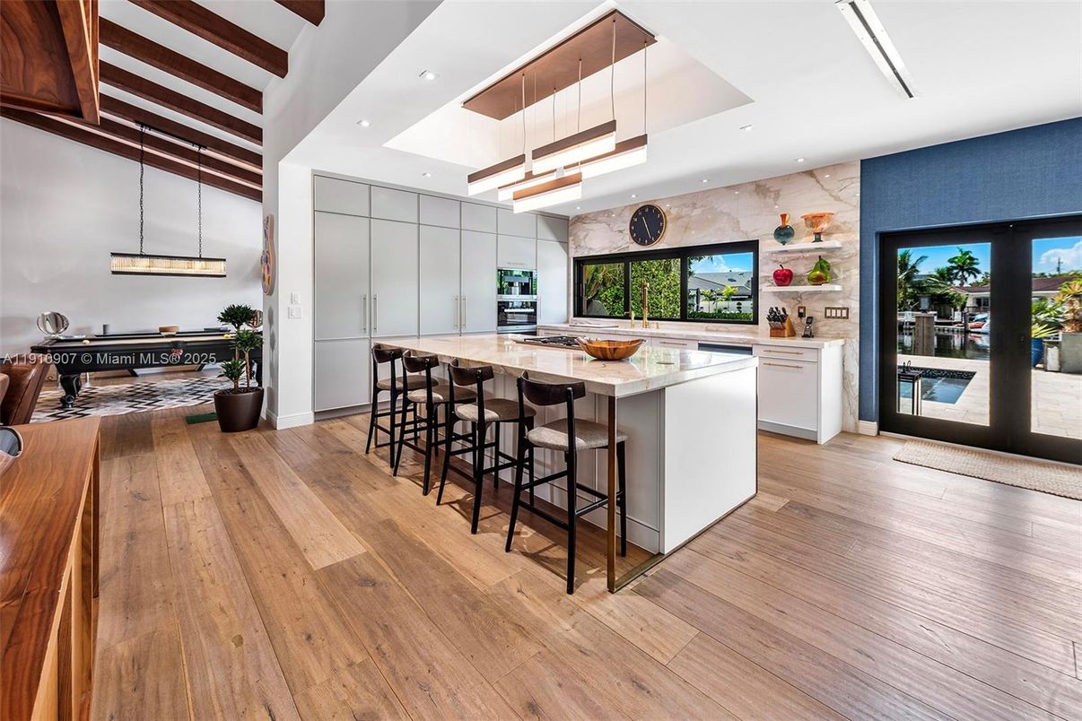 Interior, Kitchen, Pendant Lights, Recessed Lighting, Wooden Beams, Wood Texture Flooring