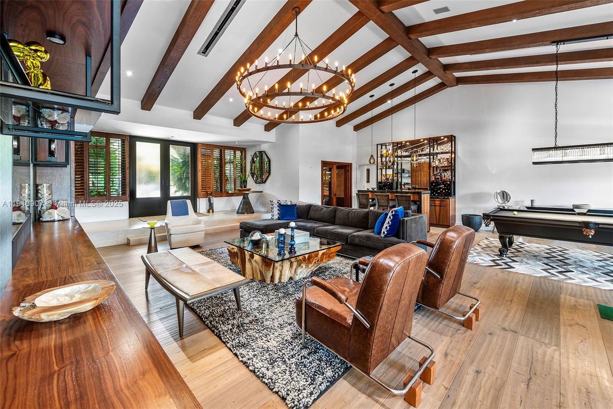 Billiard Table, Chandelier, Game Room, Interior, Living room, Pendant Lights, Wooden Beams, Wood Texture Flooring