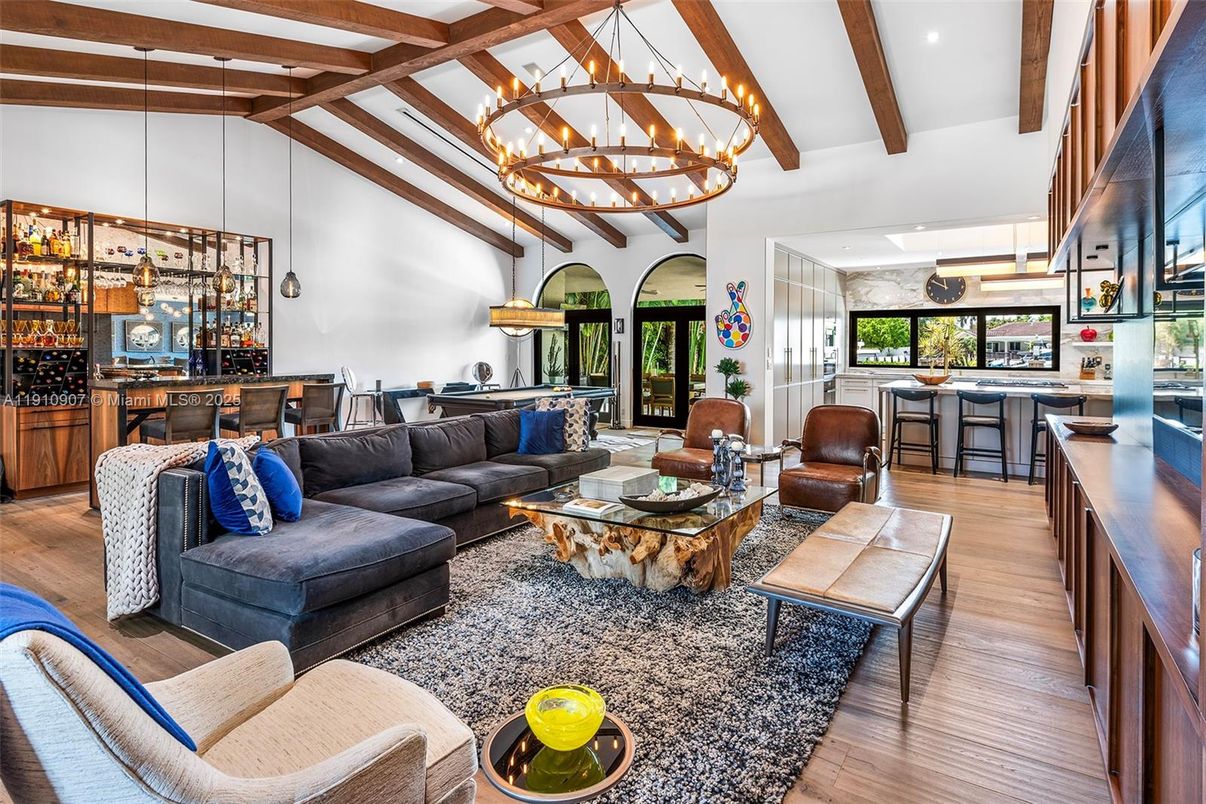 Chandelier, Interior, Living room, Pendant Lights, Recessed Lighting, Wooden Beams, Wood Texture Flooring