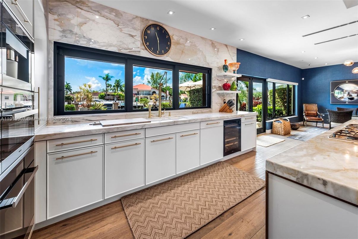 Interior, Kitchen, Marble Walls, Recessed Lighting, Wood Texture Flooring