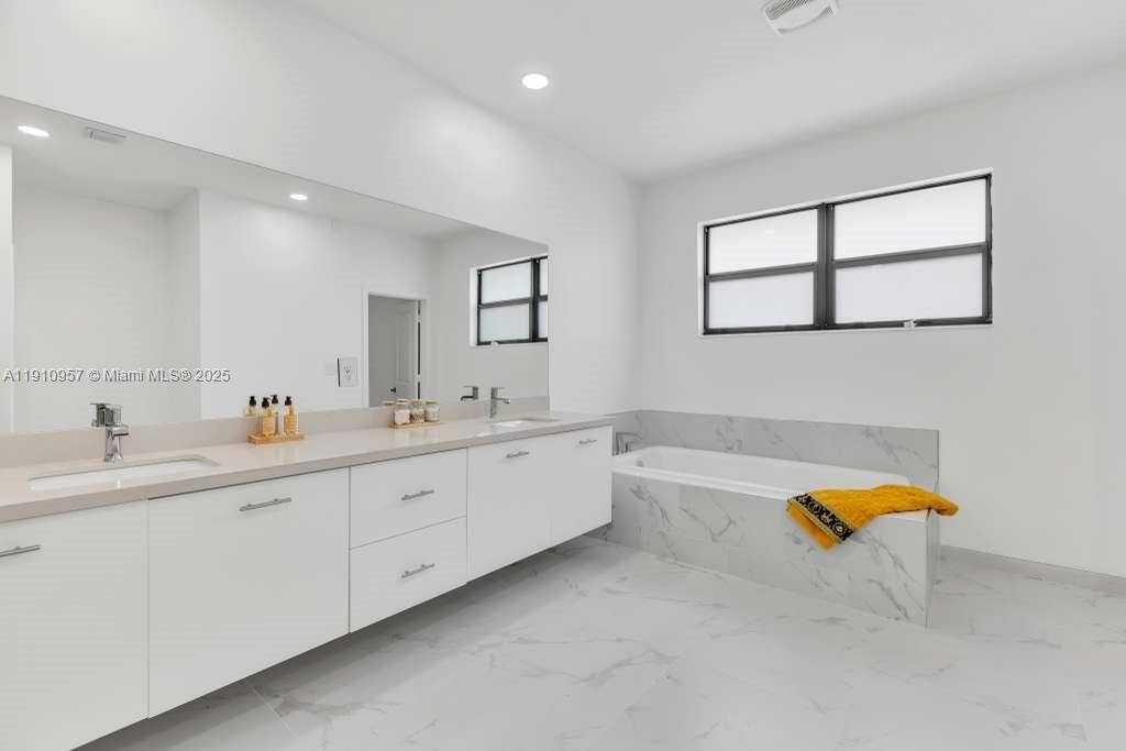 Bathroom, Dual Sink Vanities, Interior, Marble, Recessed Lighting