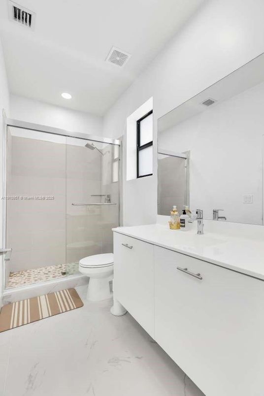 Bathroom, Glass Shower, Interior, Marble, Recessed Lighting