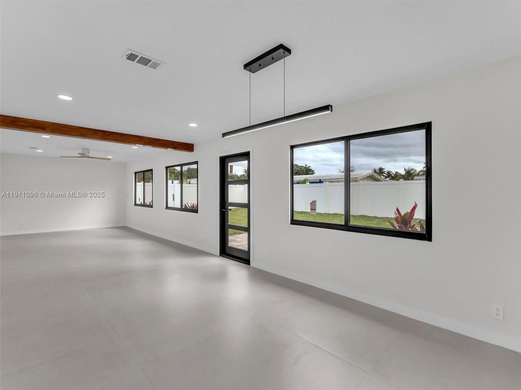 Empty room, Interior, Pendant Lights, Recessed Lighting, Wooden Beams