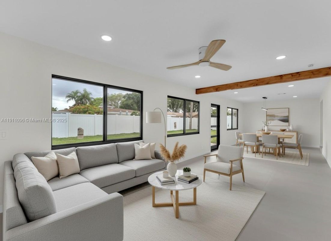 Dining room, Interior, Living room, Pendant Lights, Recessed Lighting, Wooden Beams