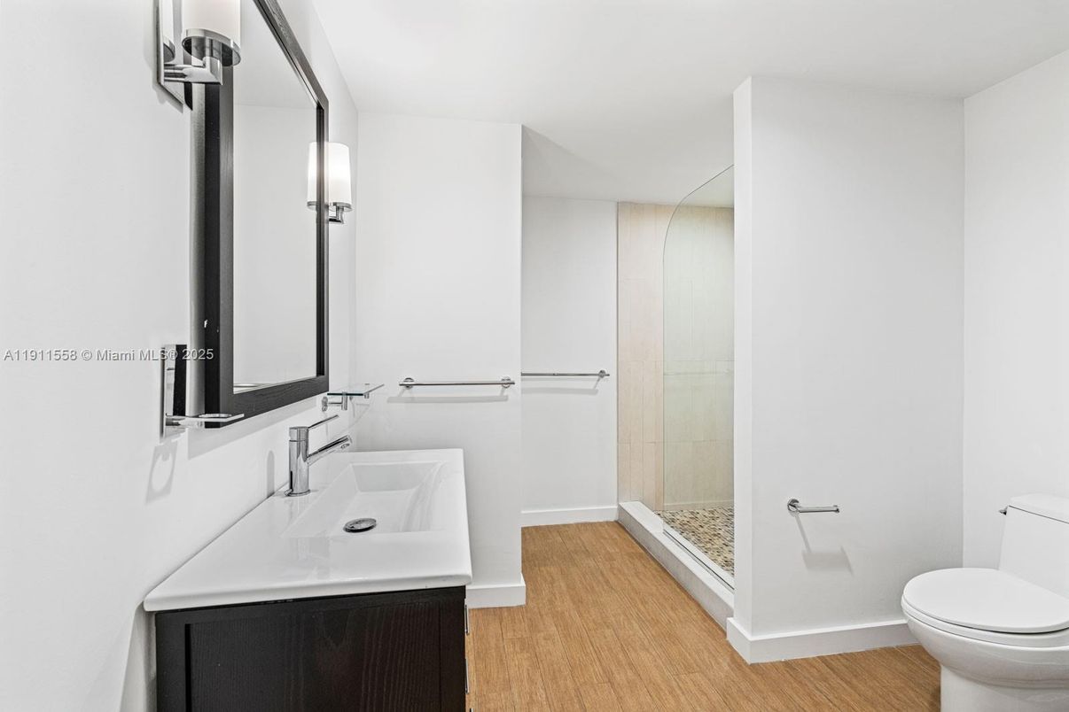 Bathroom, Glass Shower, Interior, Wood Texture Flooring