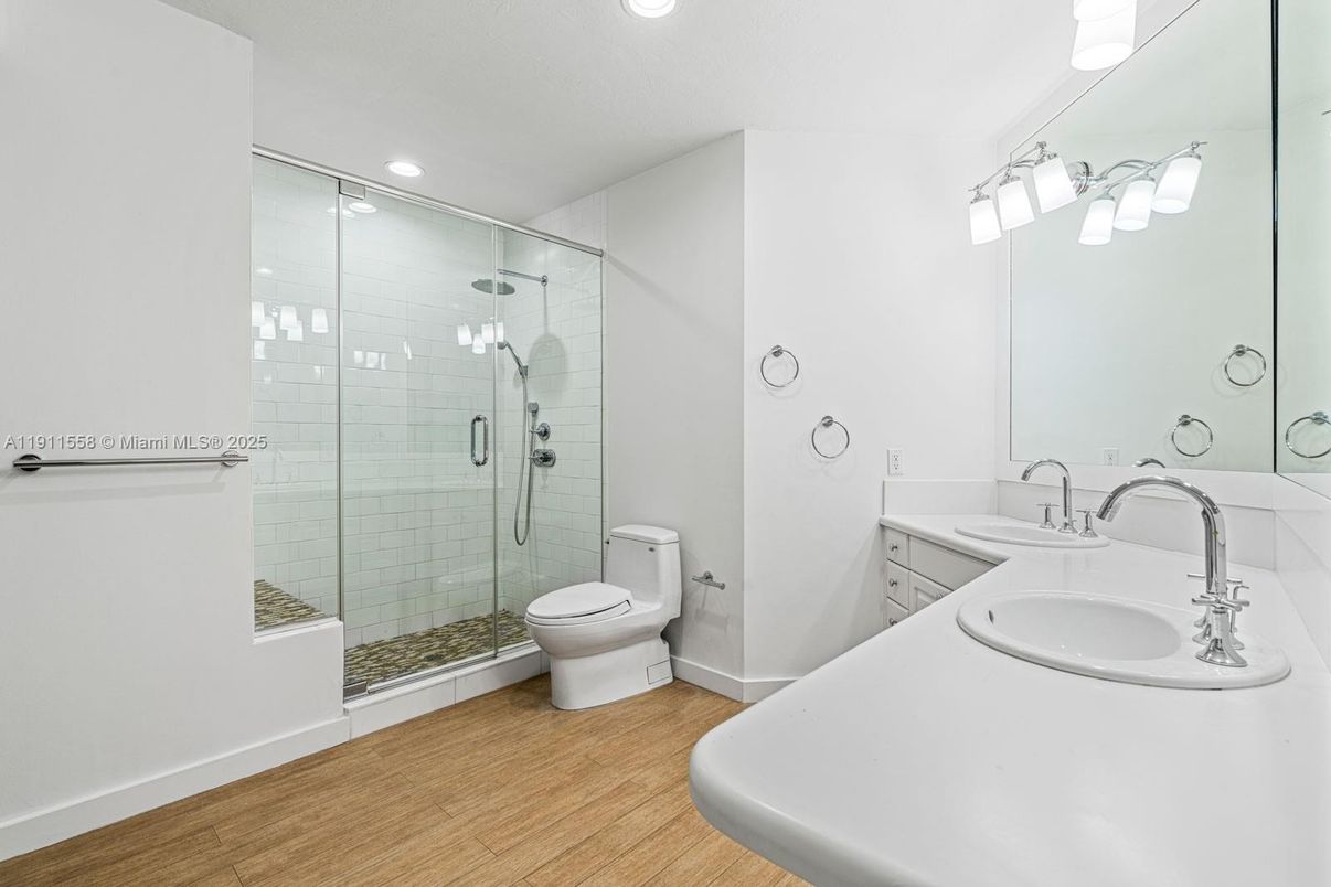 Bathroom, Glass Shower, Interior, Recessed Lighting, Wood Texture Flooring