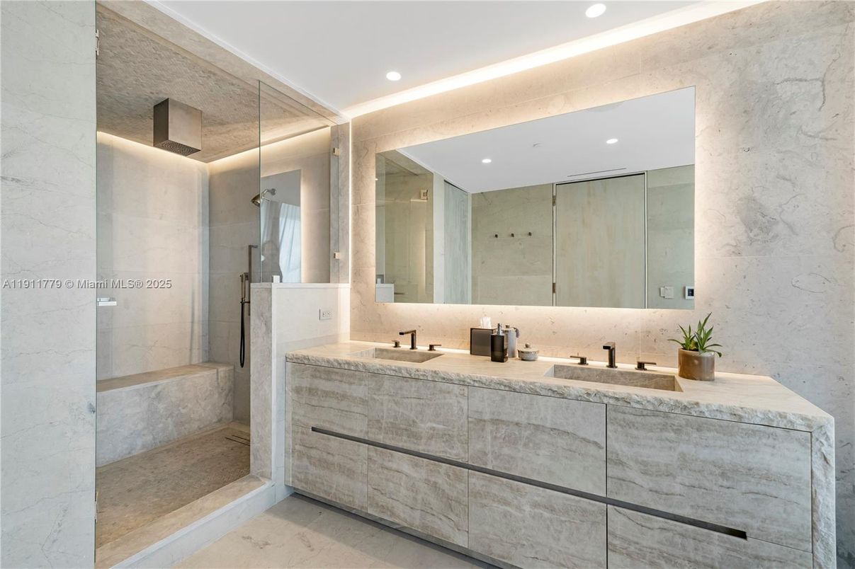 Bathroom, Dual Sink Vanities, Glass Shower, Interior, Marble Walls, Recessed Lighting