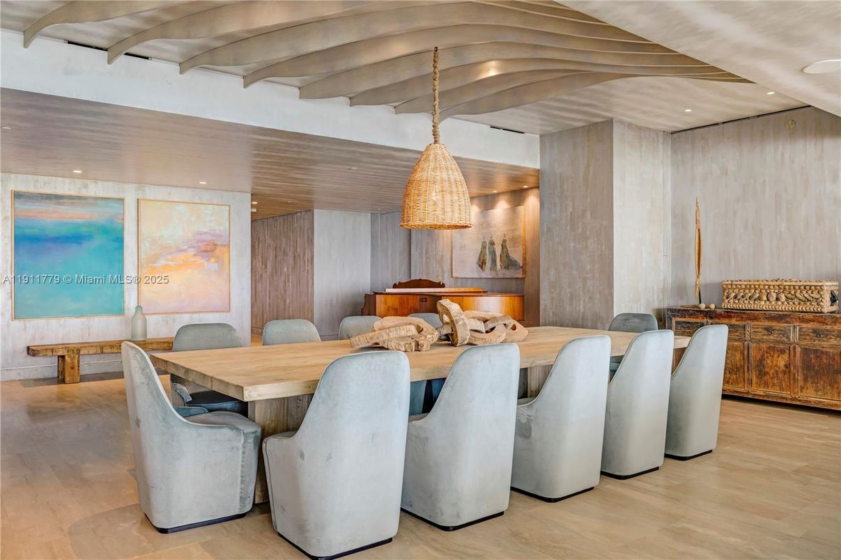 Dining room, Interior, Pendant Lights, Recessed Lighting, Wood Texture Flooring