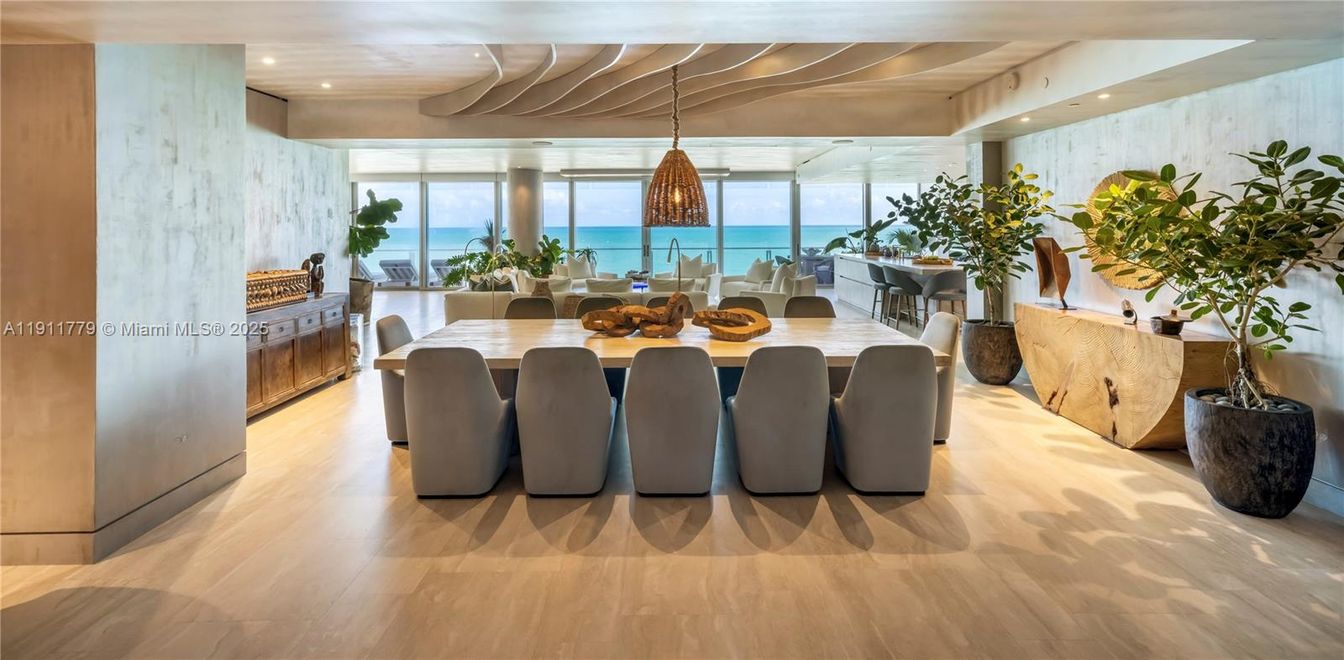 Dining room, Interior, Pendant Lights, Recessed Lighting, Water, Wood Texture Flooring