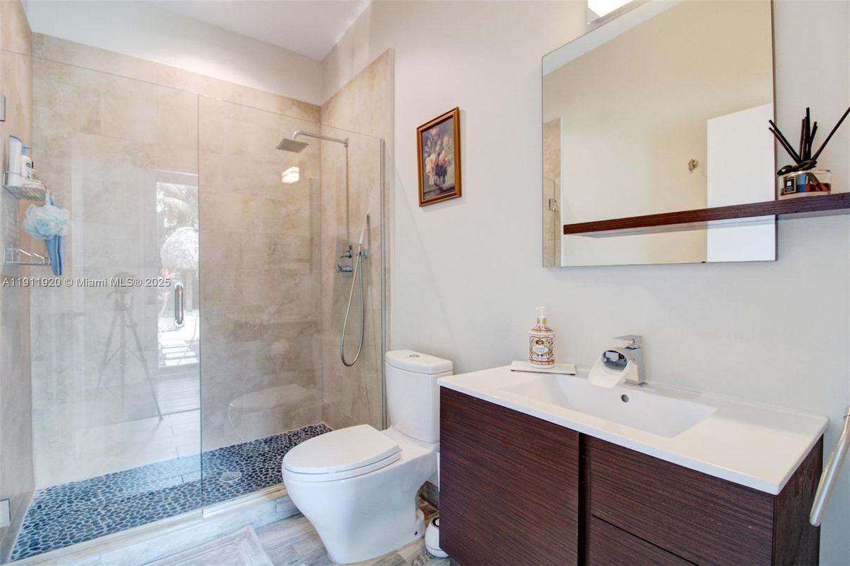 Bathroom, Glass Shower, Interior, Wood Texture Flooring