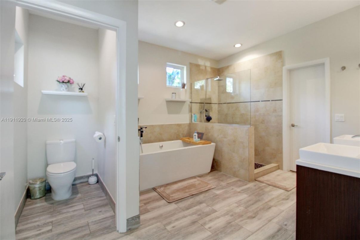 Bathroom, Glass Shower, Interior, Recessed Lighting, Wood Texture Flooring