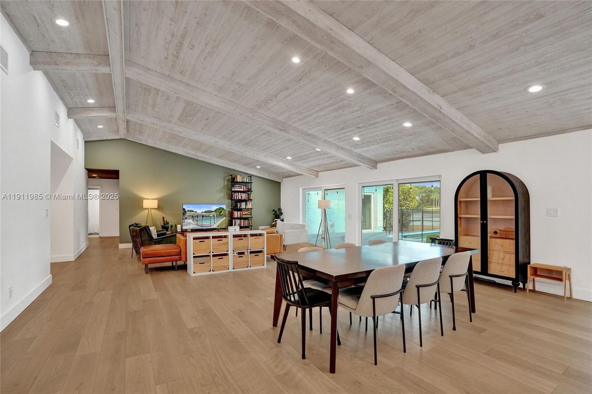 Dining room, Interior, Recessed Lighting, Wooden Beams, Wooden Ceilings, Wood Texture Flooring