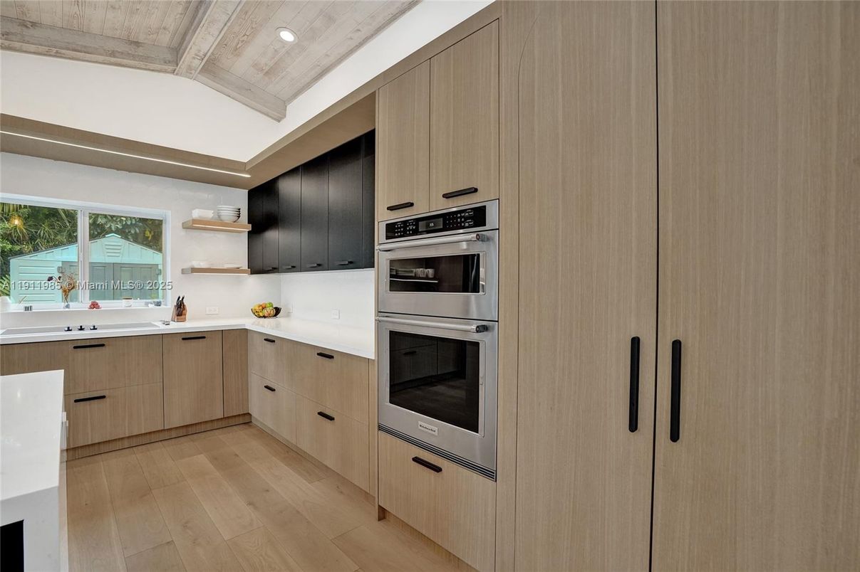 Interior, Kitchen, Recessed Lighting, Stainless Steel Appliances, Wooden Ceilings, Wood Texture Flooring