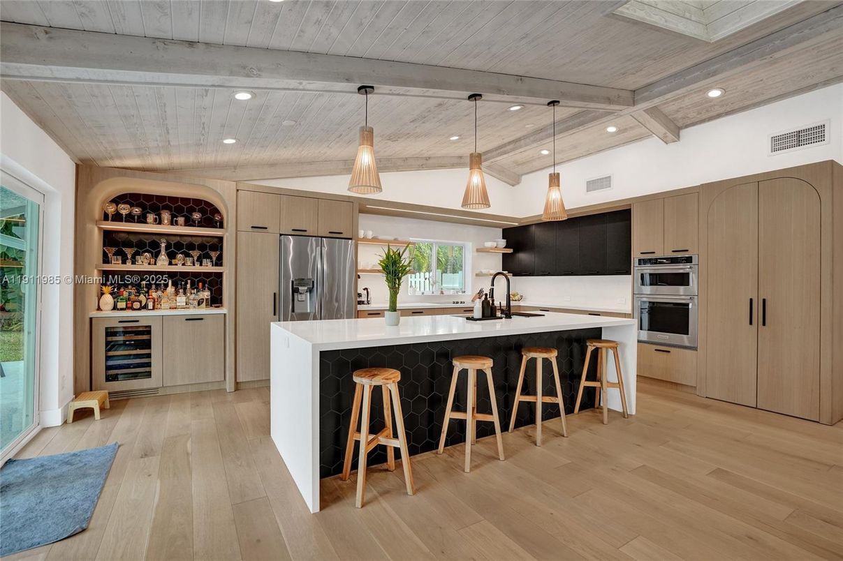 Interior, Kitchen, Pendant Lights, Recessed Lighting, Stainless Steel Appliances, Wooden Beams, Wooden Ceilings, Wood Texture Flooring