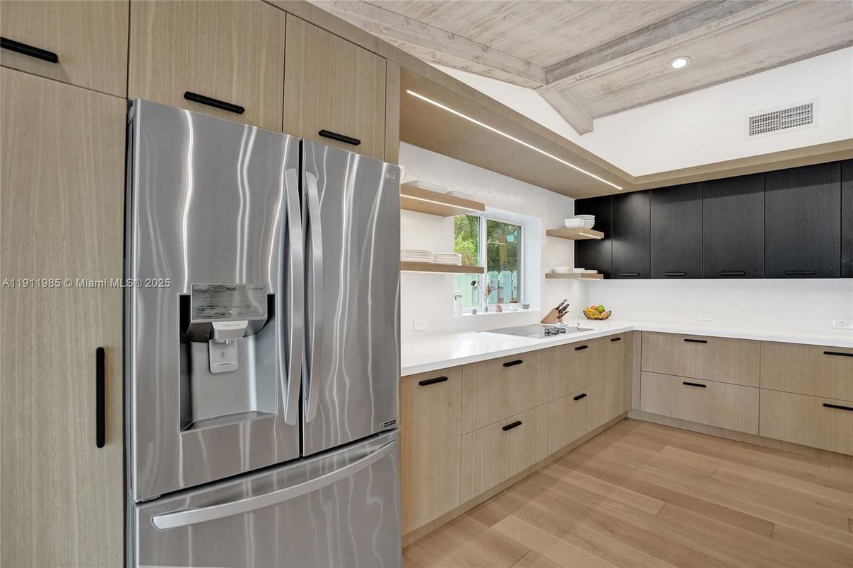 Interior, Kitchen, Recessed Lighting, Stainless Steel Appliances, Wooden Ceilings, Wood Texture Flooring