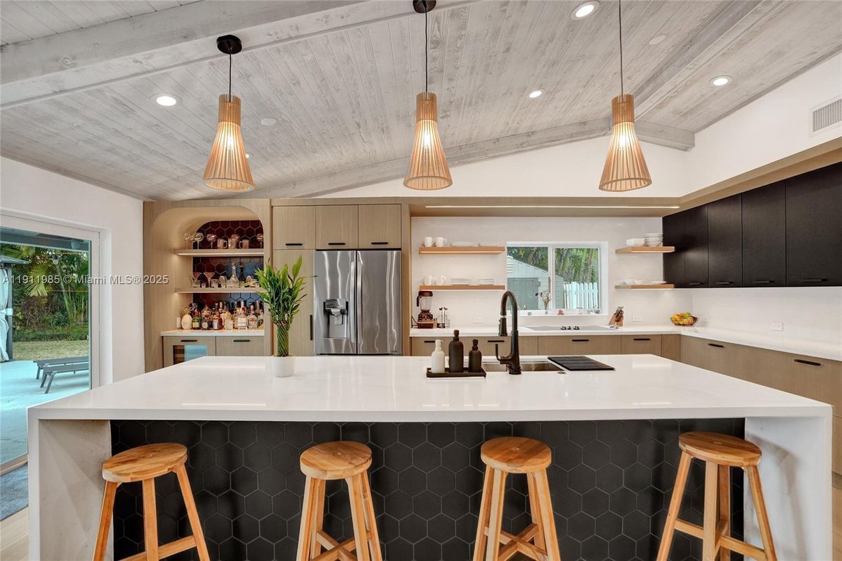 Interior, Kitchen, Pendant Lights, Recessed Lighting, Stainless Steel Appliances, Wooden Ceilings